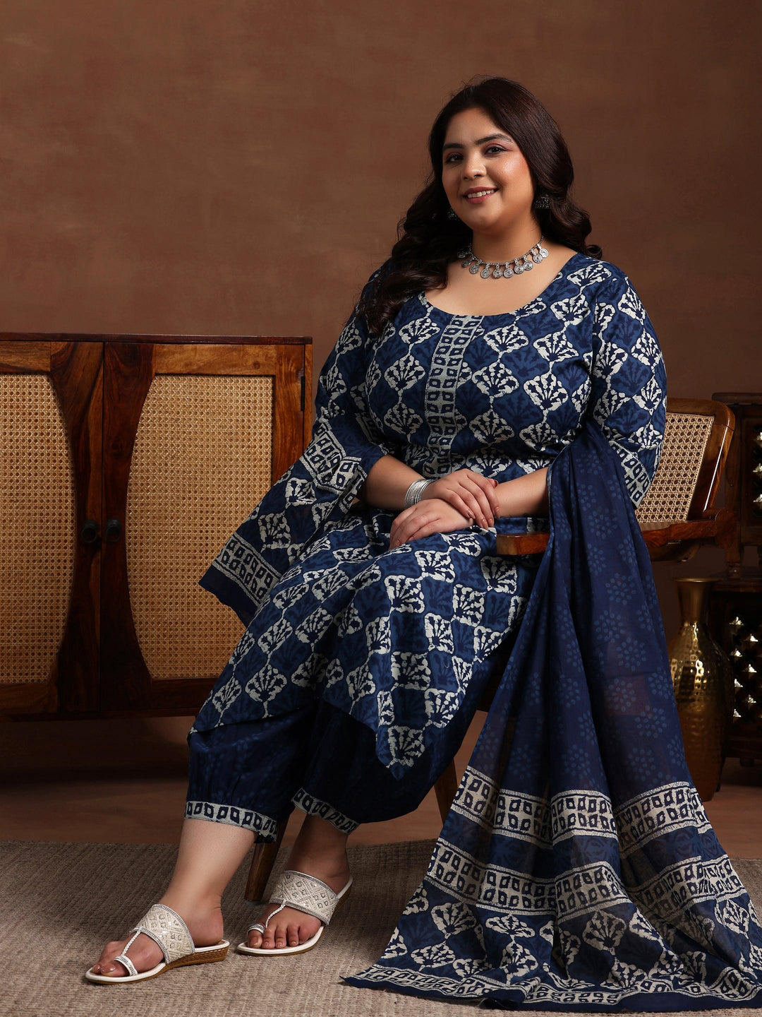 Plus Size Blue Printed Cotton Straight Suit With Dupatta - Libas