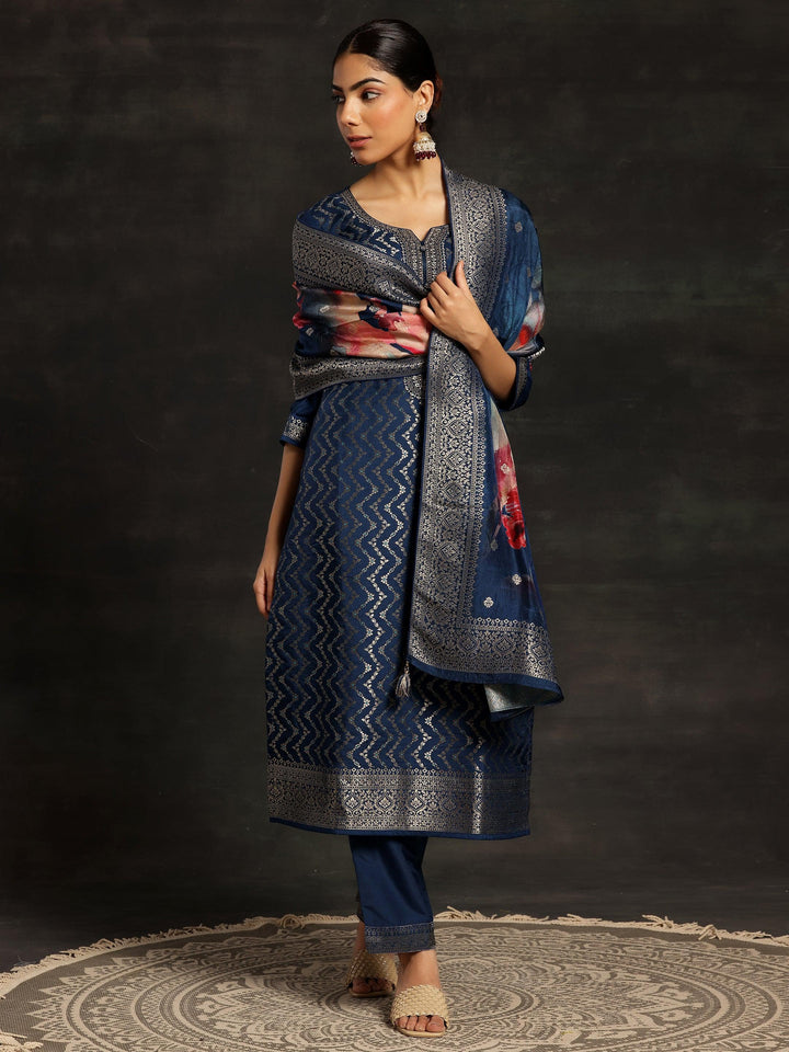 Blue Woven Design Silk Blend Straight Suit With Dupatta - Libas