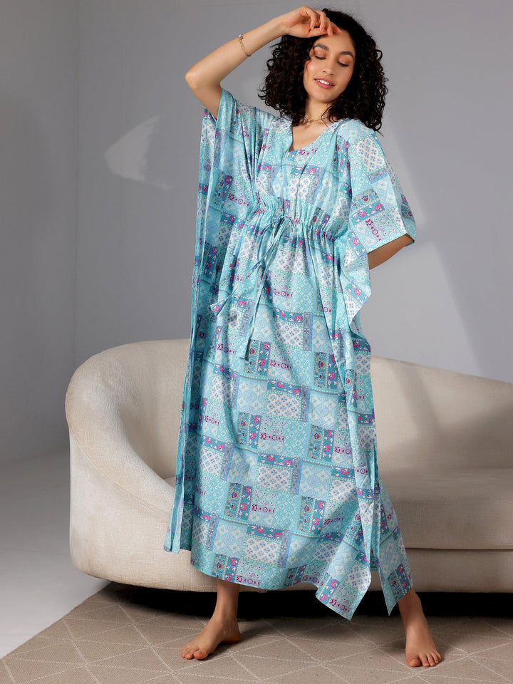 Blue Printed Cotton Kaftan Night Dress - Libas