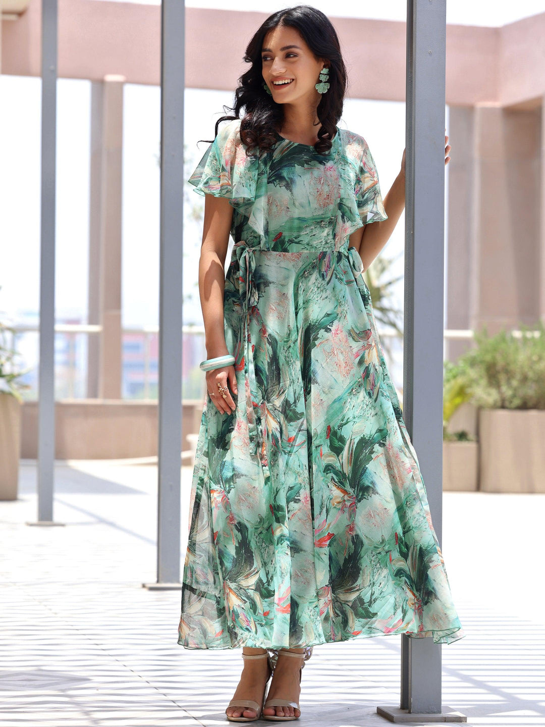 Green Printed Chiffon A-Line Dress With Belt - Libas