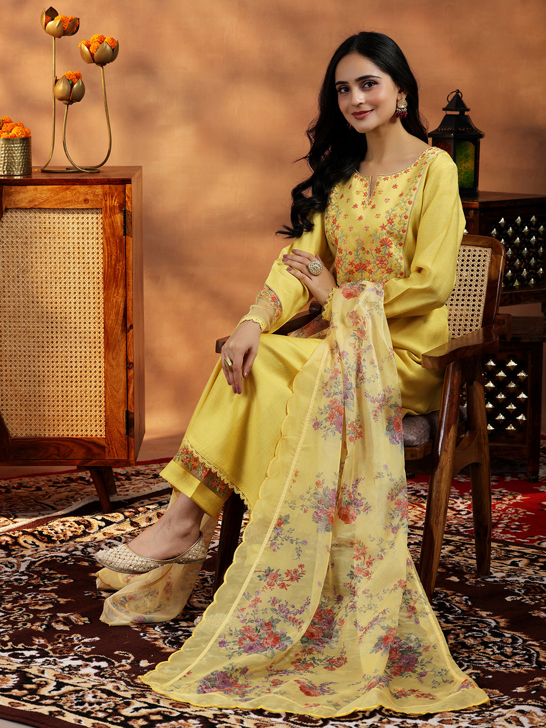 Yellow Yoke Design Silk Blend Straight Suit With Dupatta