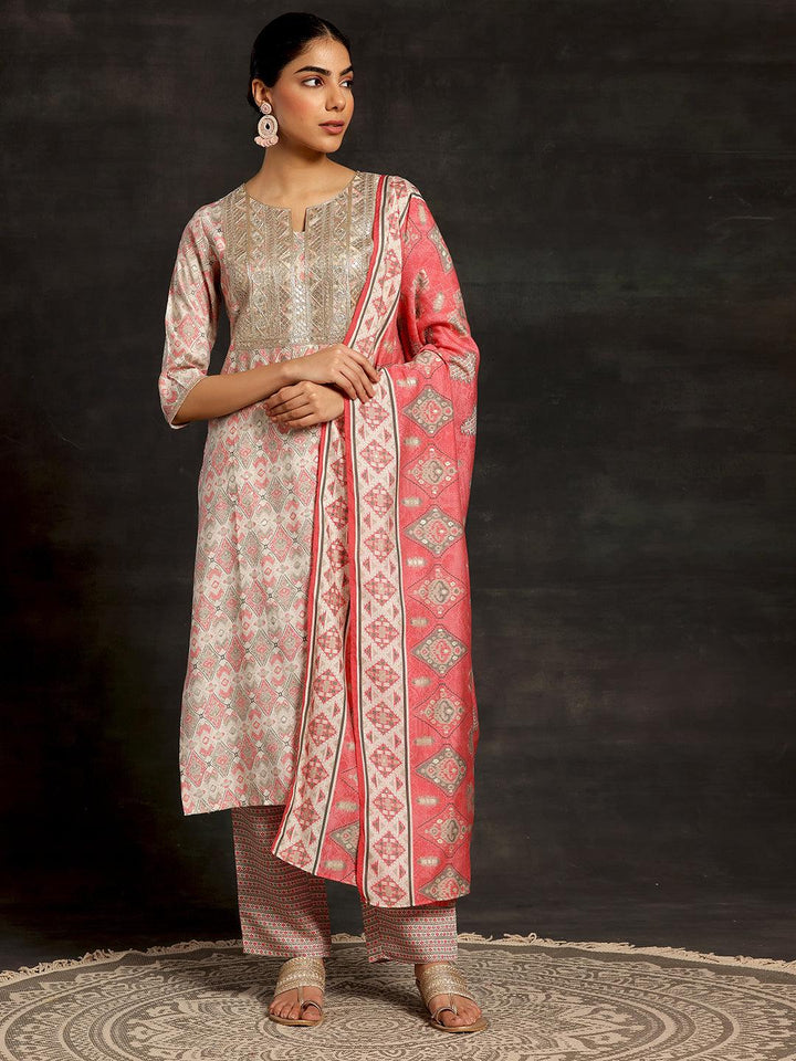 Beige Printed Silk Blend Straight Suit With Dupatta - Libas