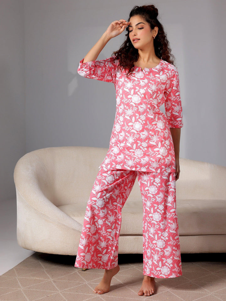 Peach Printed Cotton Night Suits - Libas