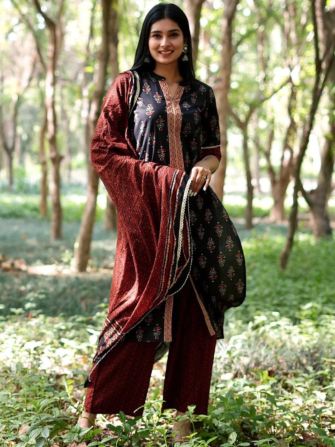 Black Printed Cotton Straight Kurta With Palazzos & Dupatta - Libas 