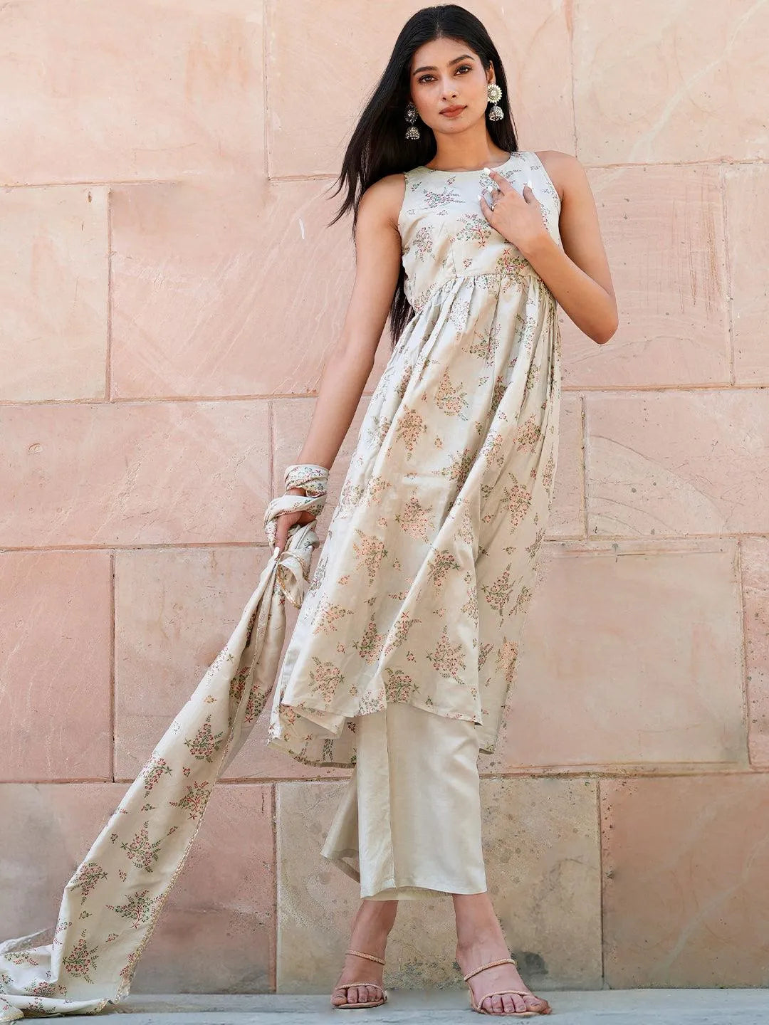 Beige Printed Silk Blend A-Line Kurta With Palazzos & Dupatta - Libas