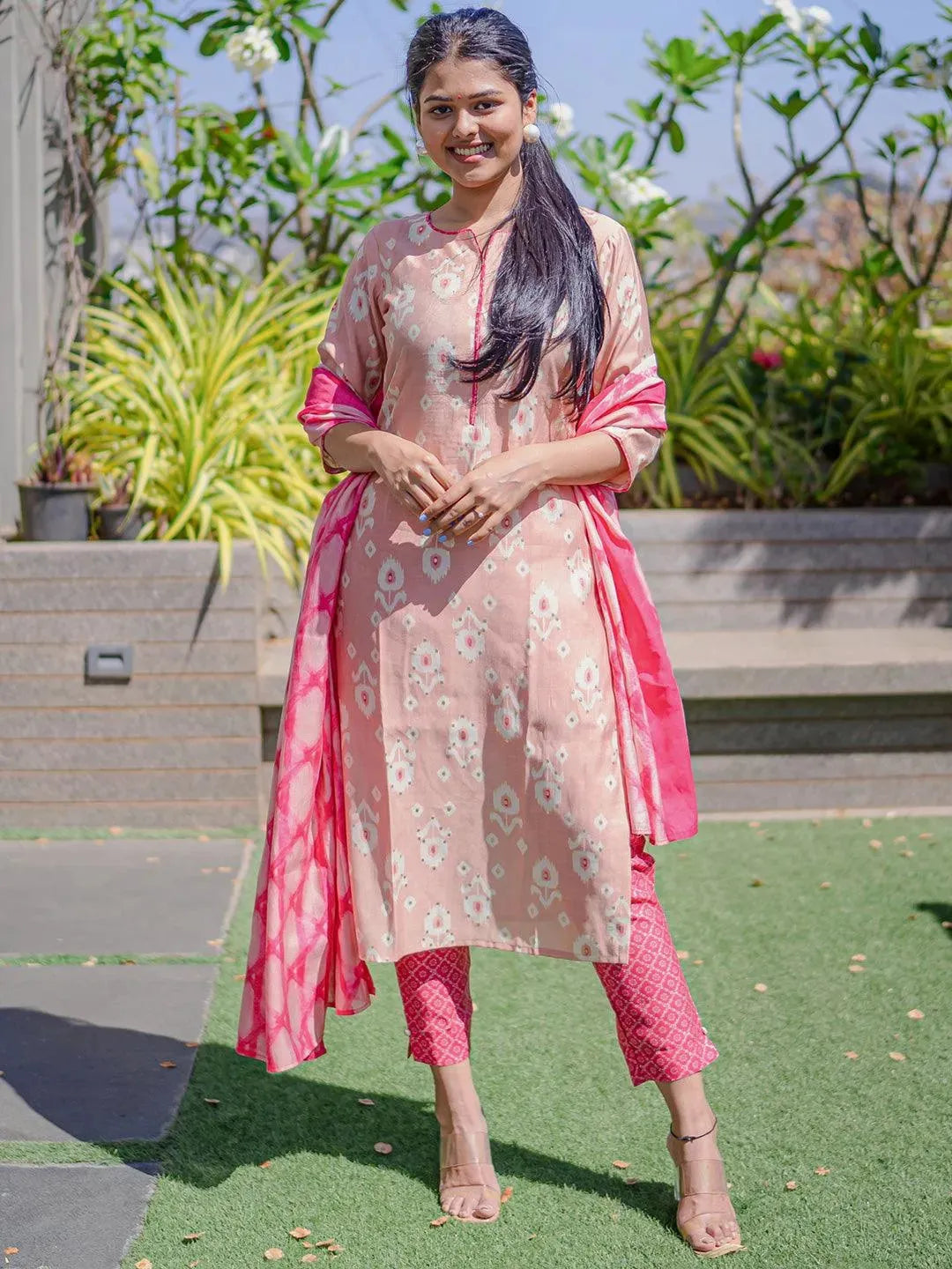 

Pink Printed Silk Blend Straight Kurta With Trousers & Dupatta