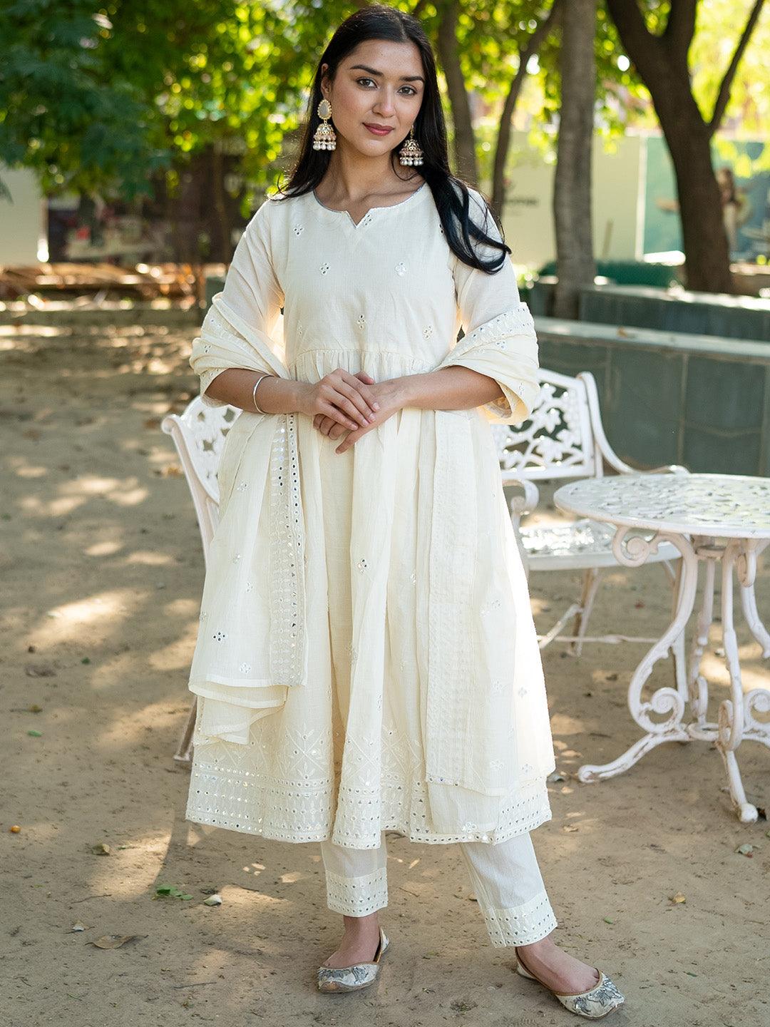 Off White Embroidered Cotton Anarkali Suit Set With Trousers - Libas