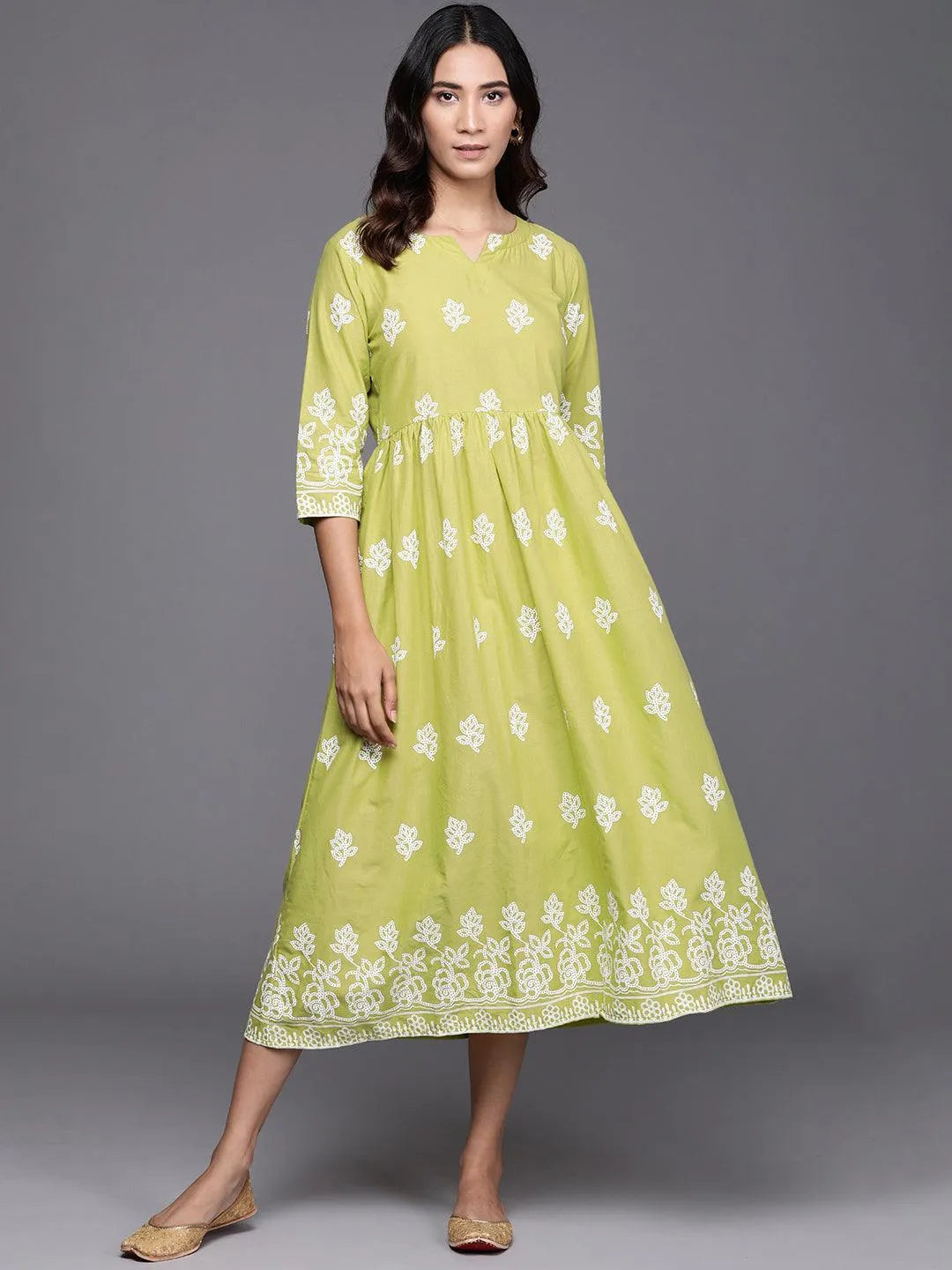 Green Printed Cotton Dress - Libas 