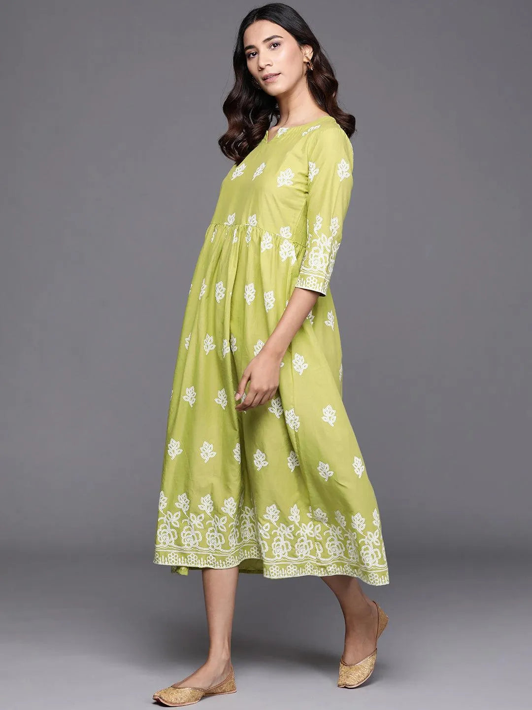 Green Printed Cotton Dress - Libas 