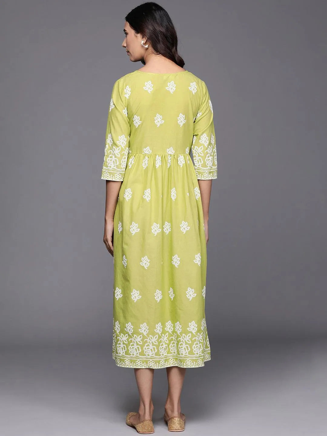 Green Printed Cotton Dress - Libas 