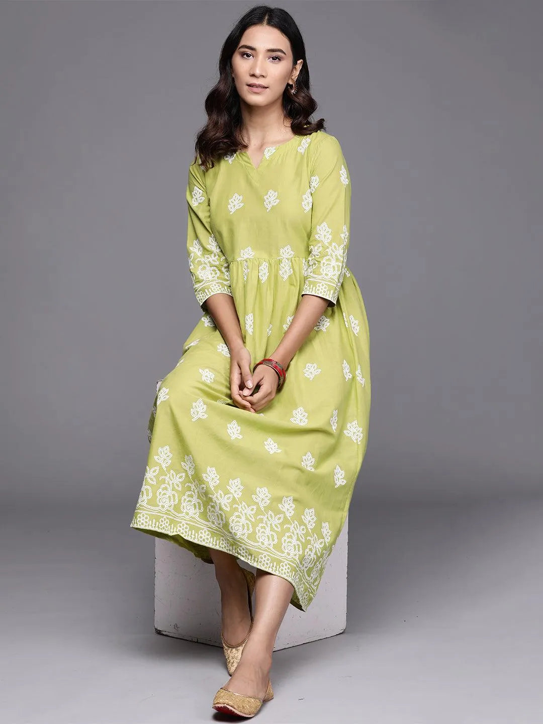 Green Printed Cotton Dress - Libas 