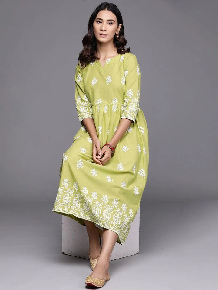 Green Printed Cotton Dress - Libas