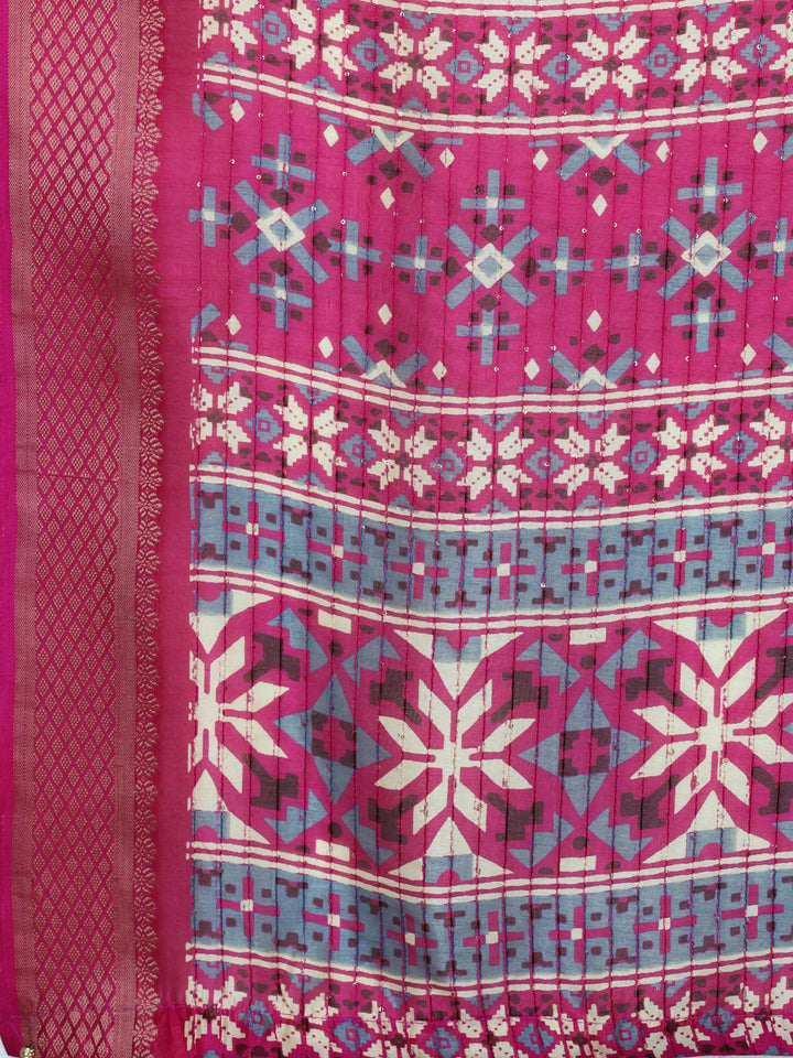 Pink Printed Silk Blend Saree With Unstitched Blouse Piece - Libas