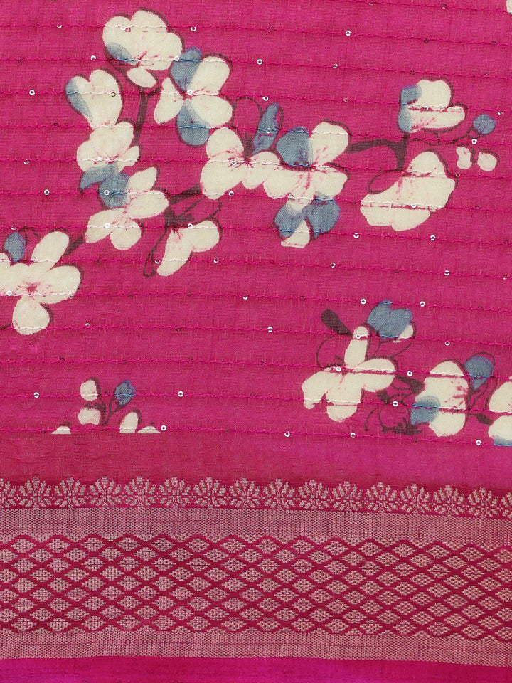 Pink Printed Silk Blend Saree With Unstitched Blouse Piece - Libas