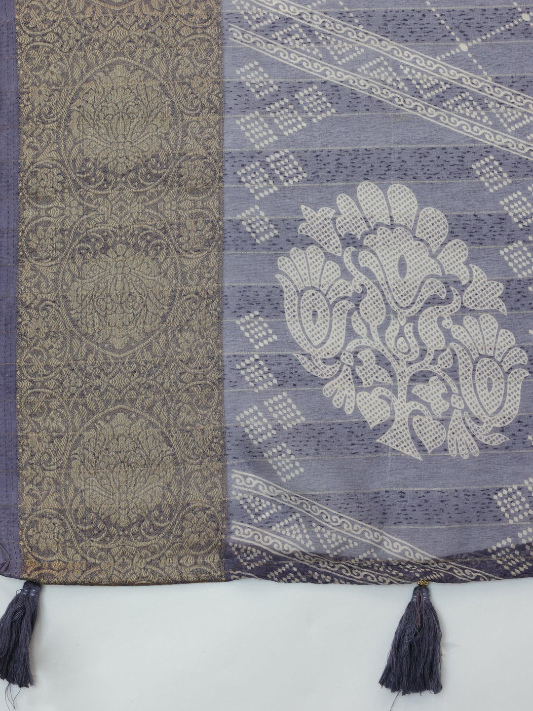 Blue Lilac Printed Silk Blend Saree With Unstitched Blouse Piece - Libas