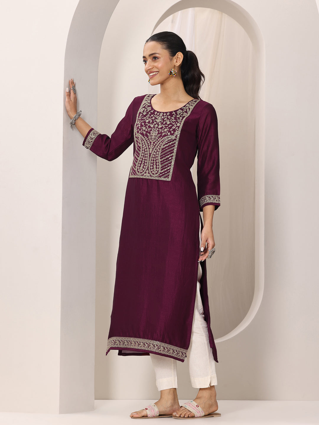  Wine Yoke Design Silk Kurta 