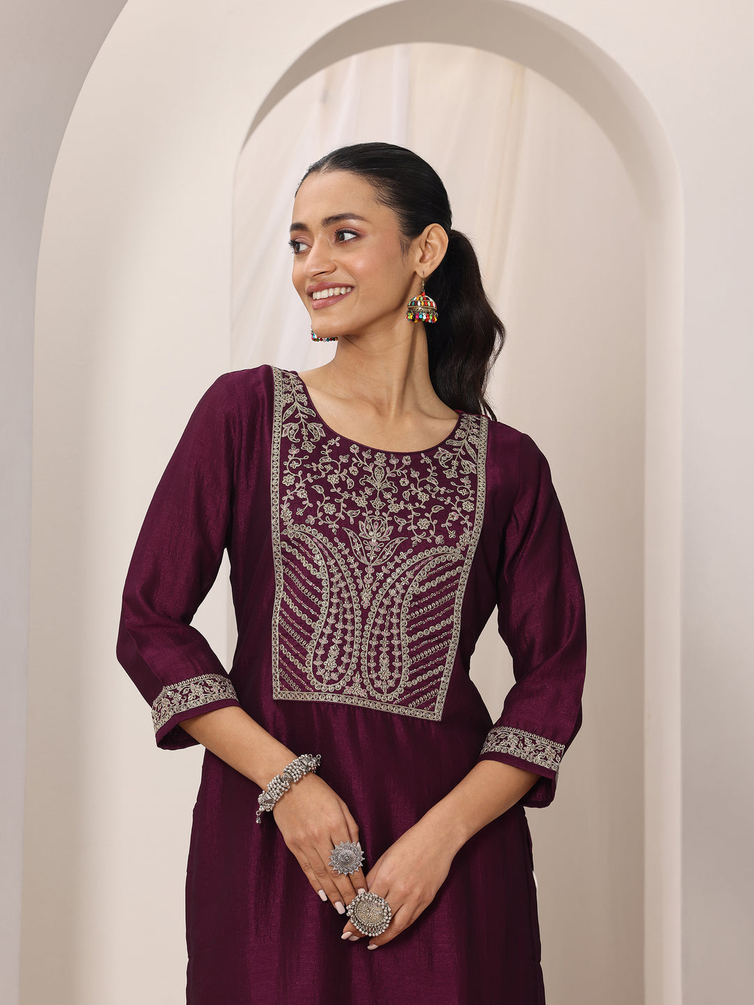  Wine Yoke Design Silk Kurta 