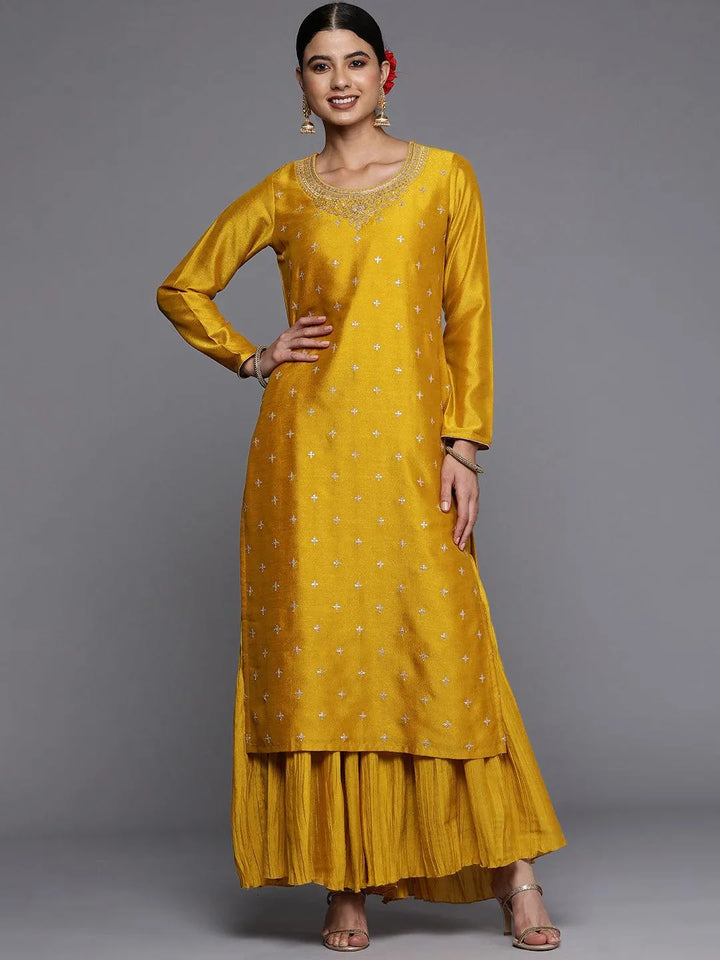 Mustard Embroidered Silk Straight Kurta - Libas