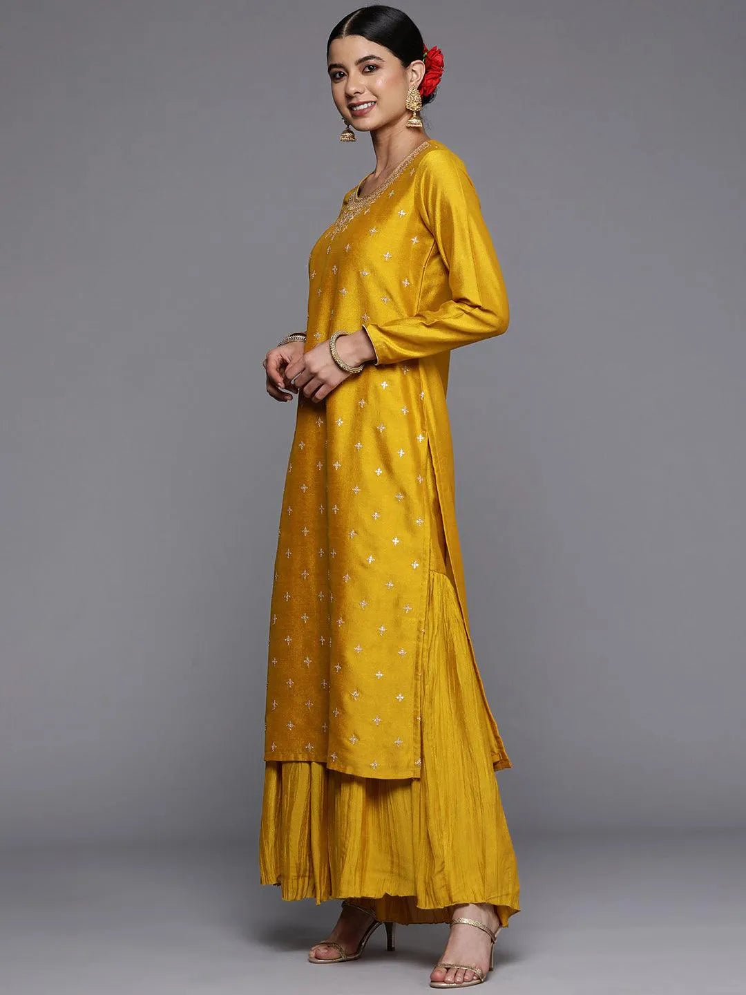 Mustard Embroidered Silk Straight Kurta - Libas