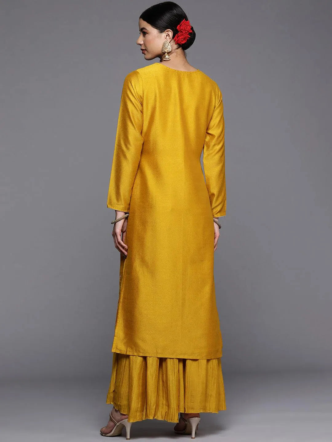 Mustard Embroidered Silk Straight Kurta - Libas