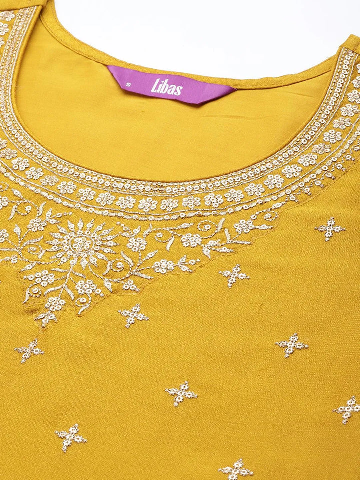 Mustard Embroidered Silk Straight Kurta - Libas