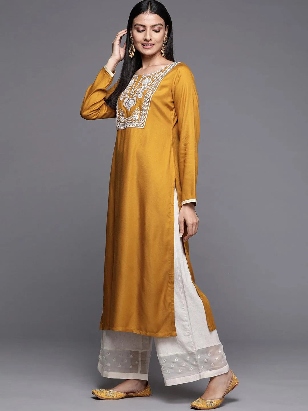 Mustard Embroidered Pashmina Wool Straight Kurta - Libas