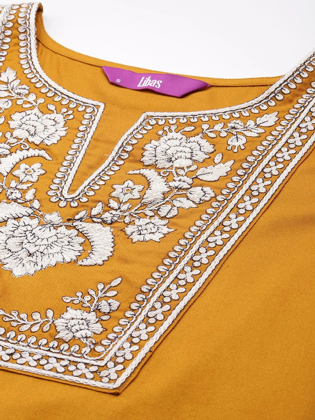 Mustard Embroidered Pashmina Wool Straight Kurta - Libas