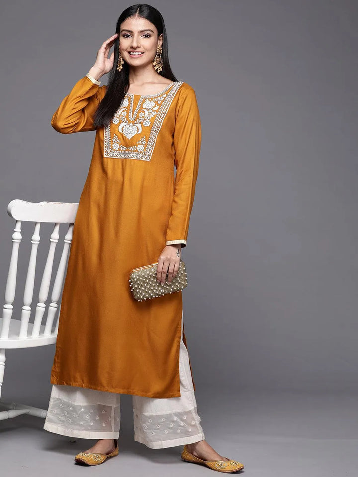 Mustard Embroidered Pashmina Wool Straight Kurta - Libas