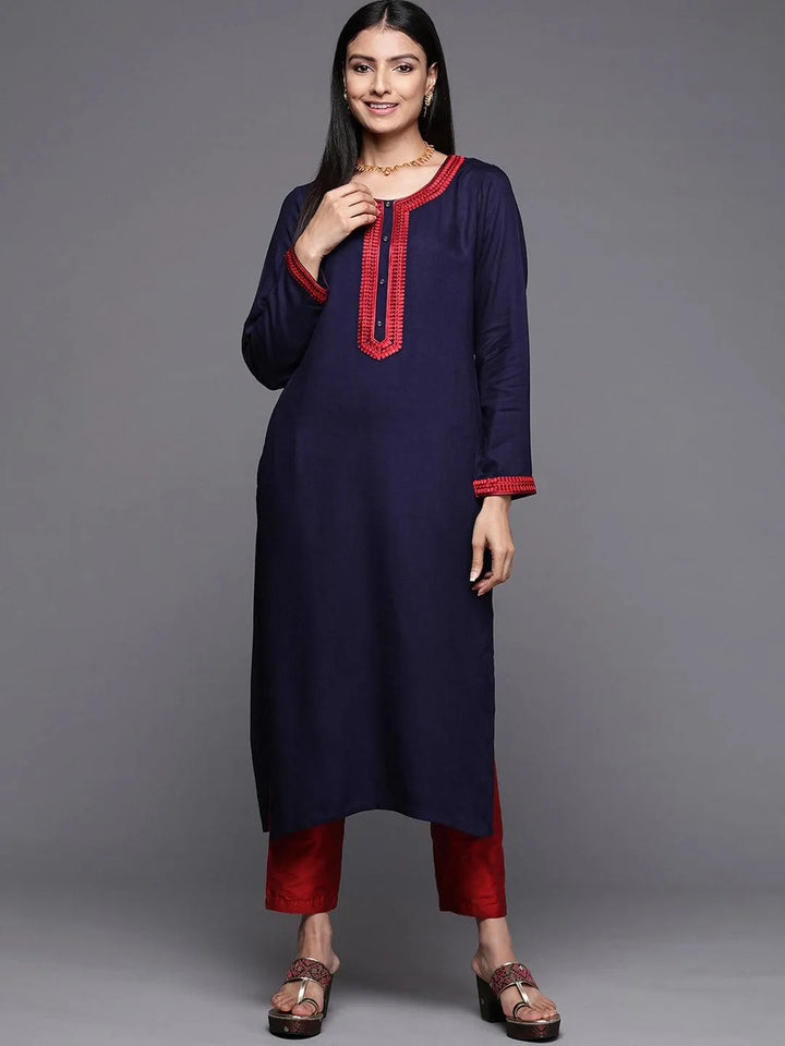 Navy Blue Embroidered Pashmina Wool Straight Kurta - Libas