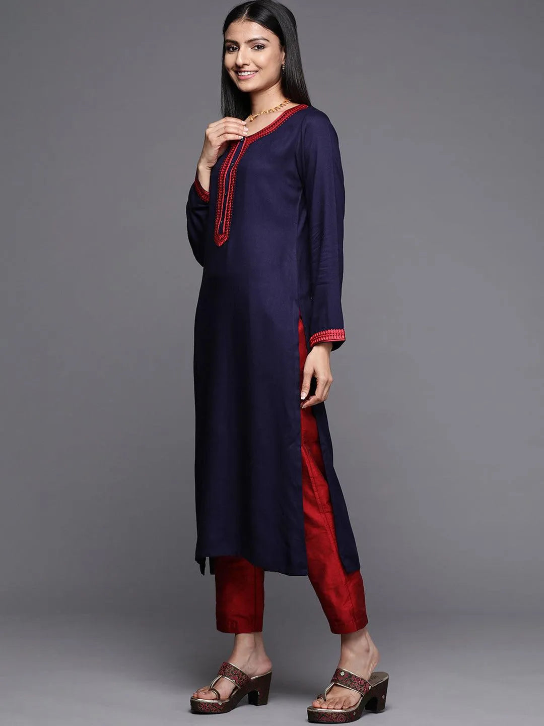 Navy Blue Embroidered Pashmina Wool Straight Kurta - Libas