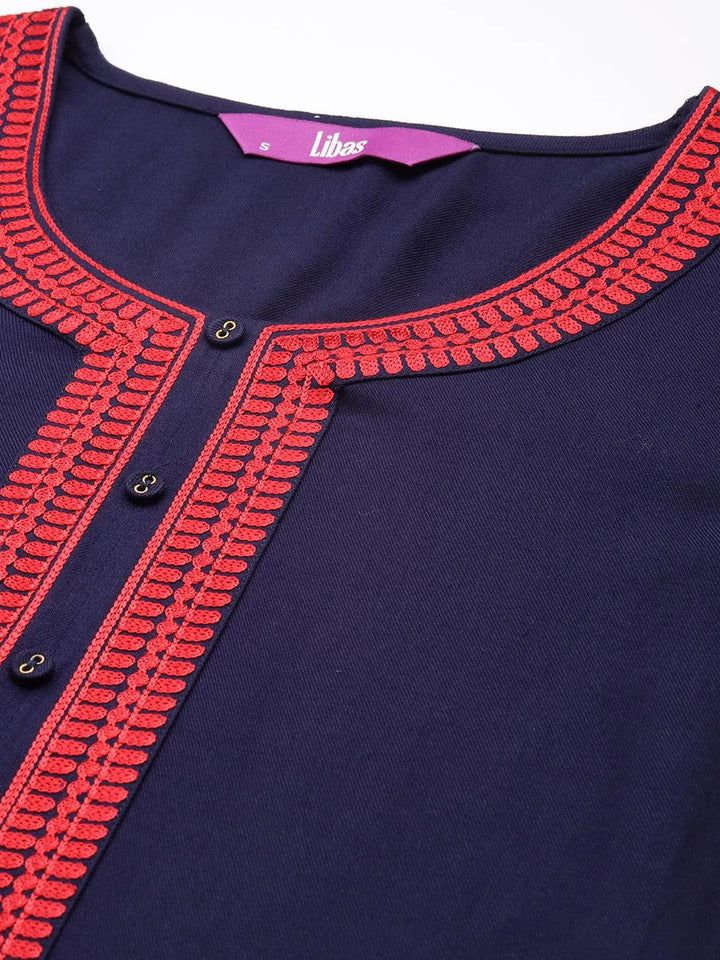 Navy Blue Embroidered Pashmina Wool Straight Kurta - Libas