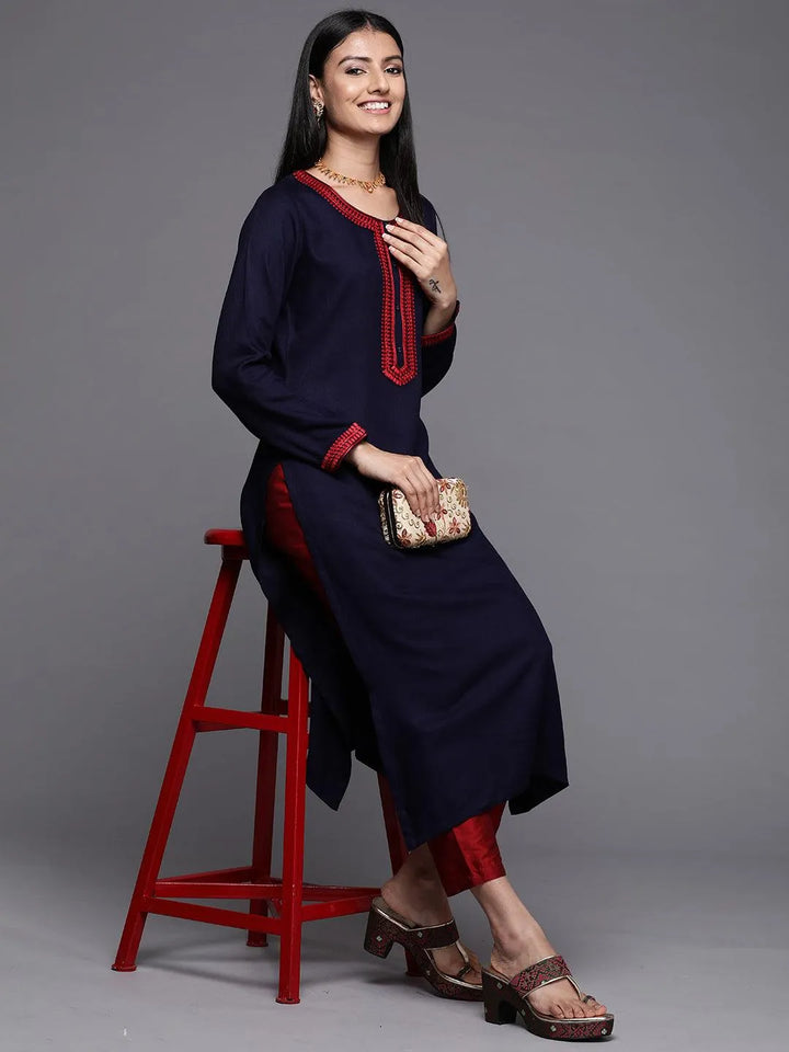 Navy Blue Embroidered Pashmina Wool Straight Kurta - Libas