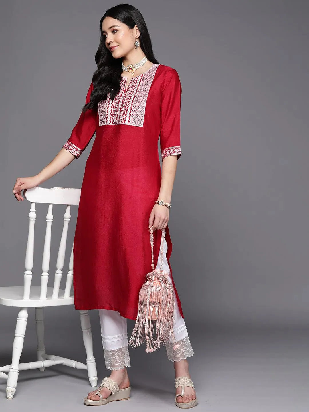 Fuchsia Yoke Design Silk Straight Kurta - Libas 