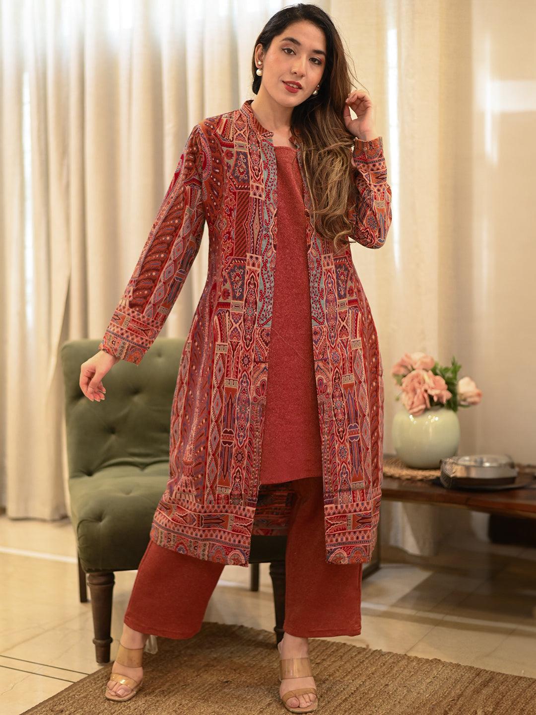 Rust Printed Wool Blend Straight Kurta With Trousers - Libas 