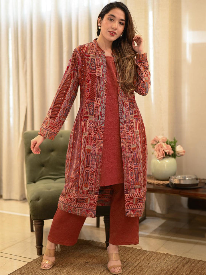 Rust Printed Wool Blend Straight Kurta With Trousers - Libas