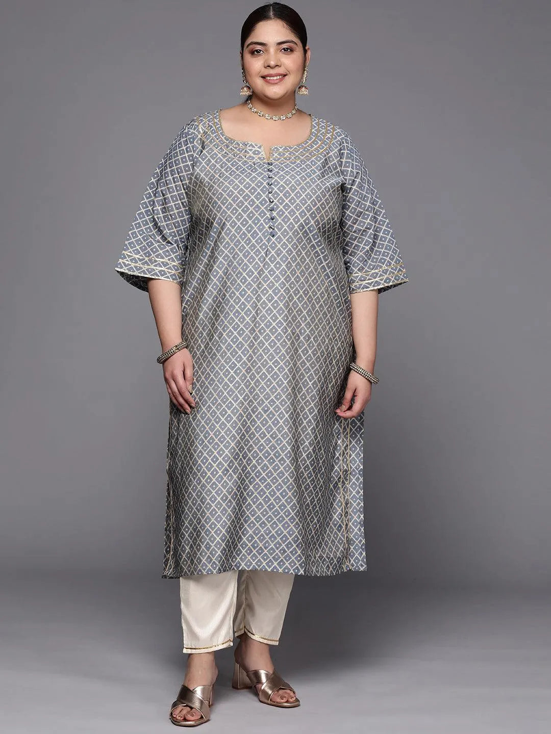 Plus Size Grey Printed Silk Straight Kurta - Libas