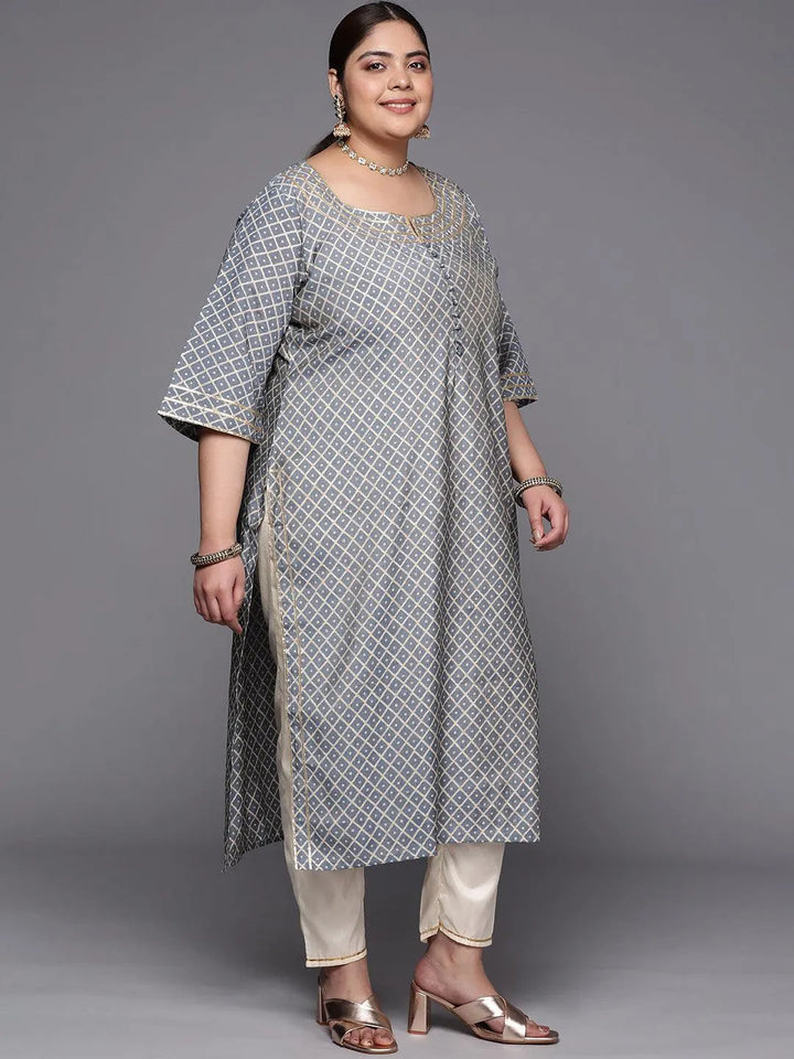 Plus Size Grey Printed Silk Straight Kurta - Libas