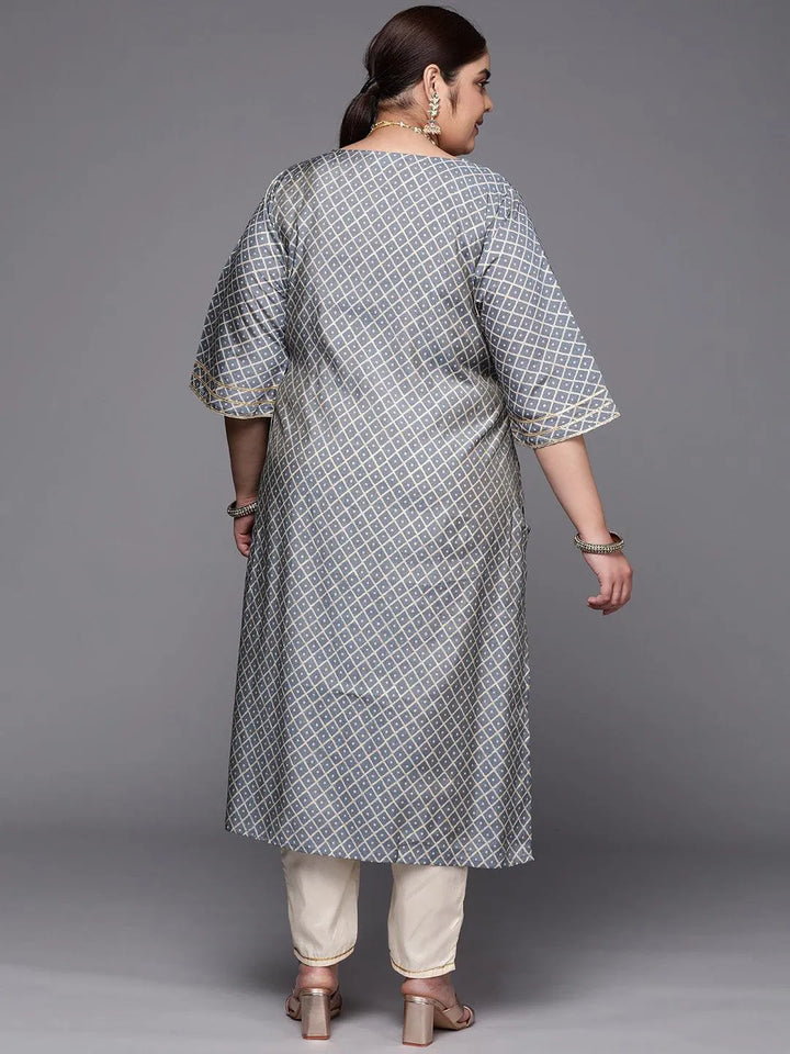 Plus Size Grey Printed Silk Straight Kurta - Libas