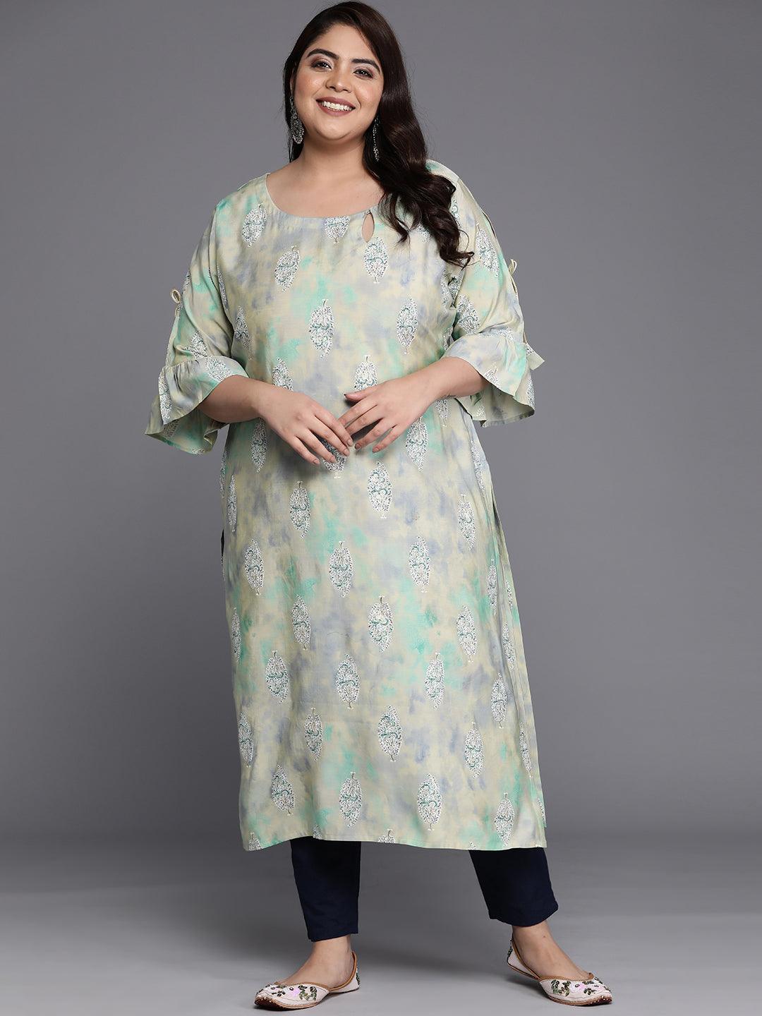 Plus Size Green Printed Silk Straight Kurta - Libas