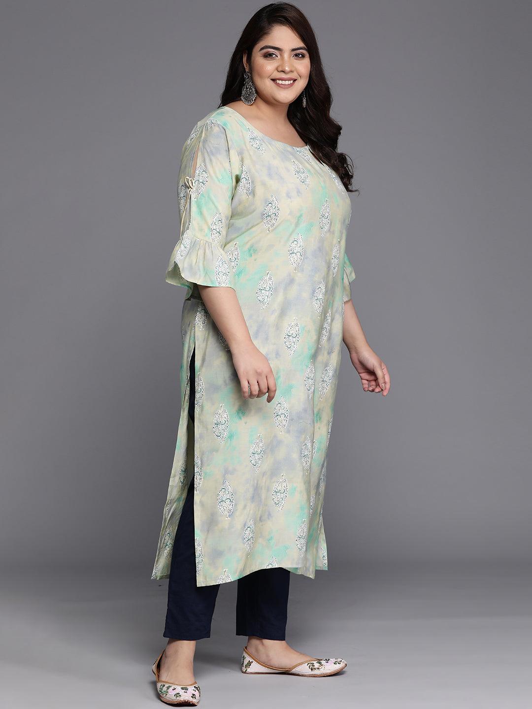 Plus Size Green Printed Silk Straight Kurta - Libas