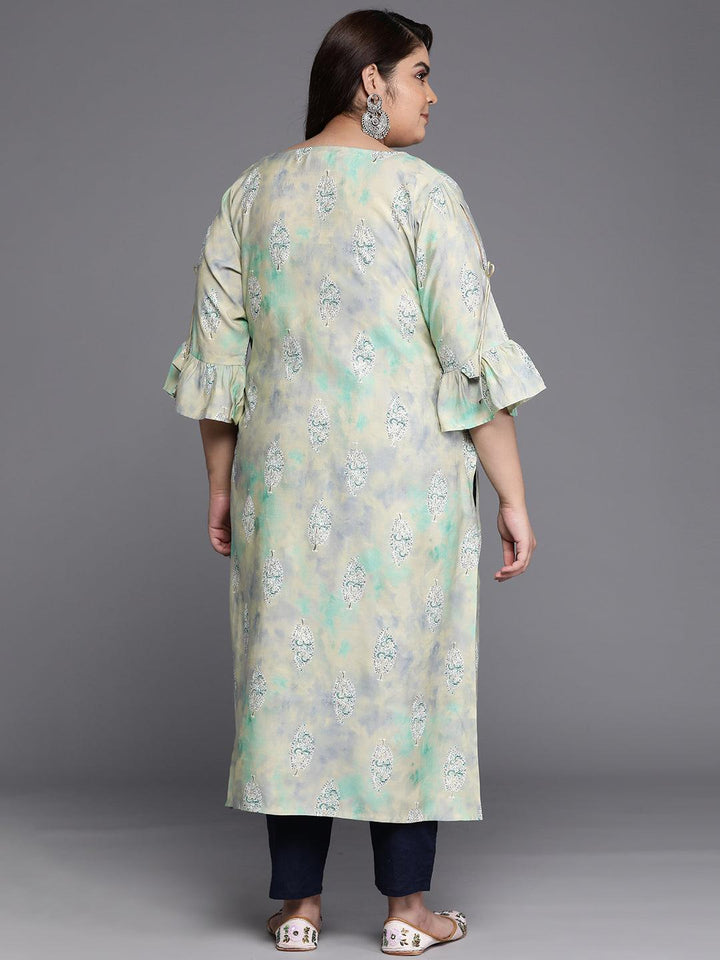 Plus Size Green Printed Silk Straight Kurta - Libas