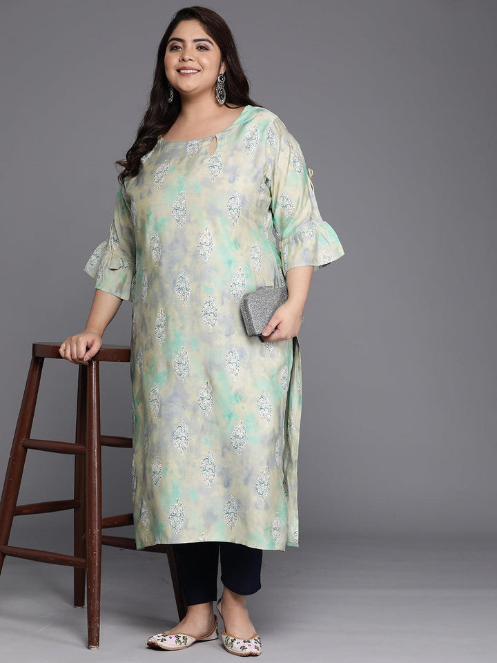 Plus Size Green Printed Silk Straight Kurta - Libas