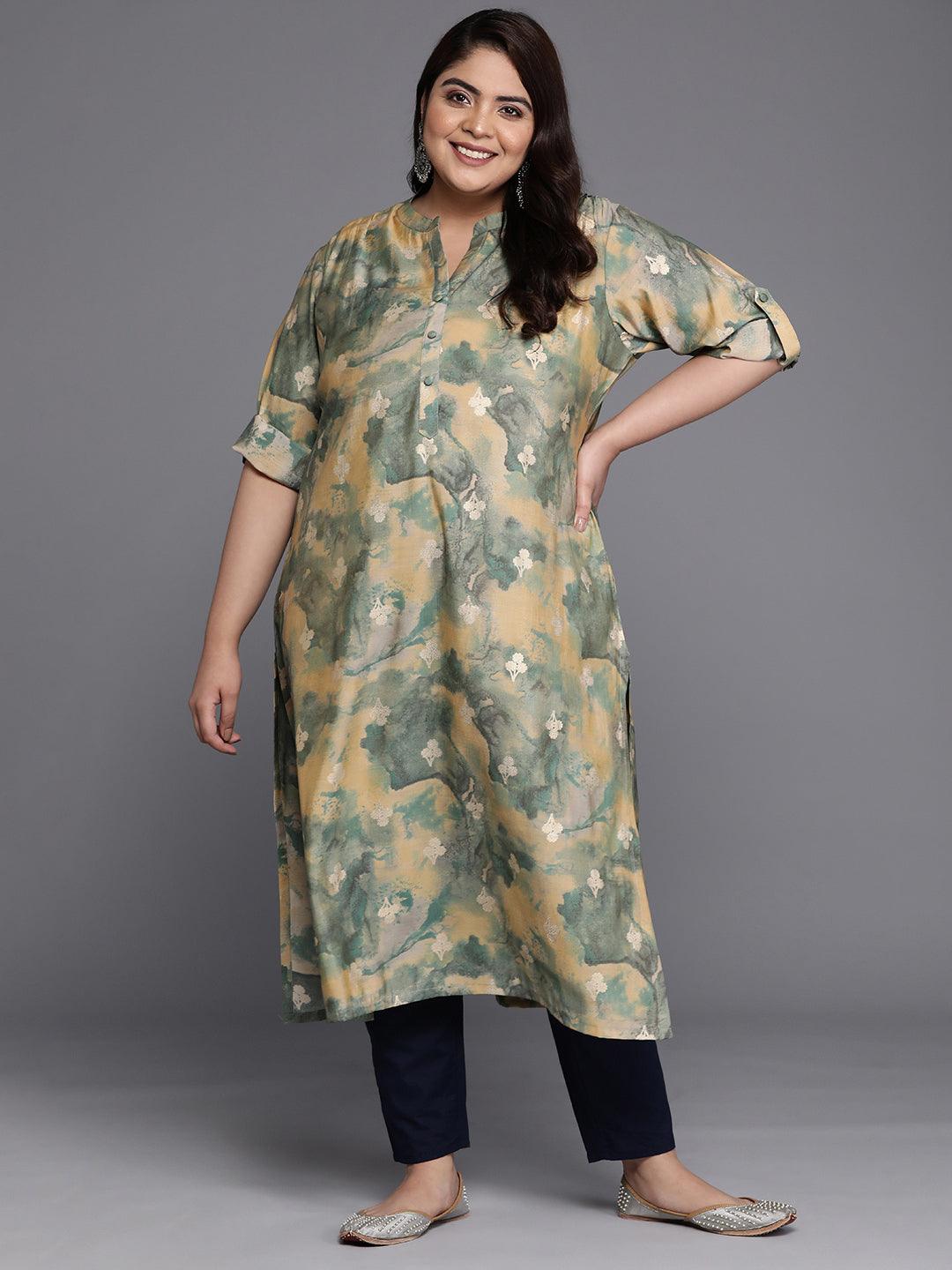 Plus Size Green Printed Silk Straight Kurta - Libas 