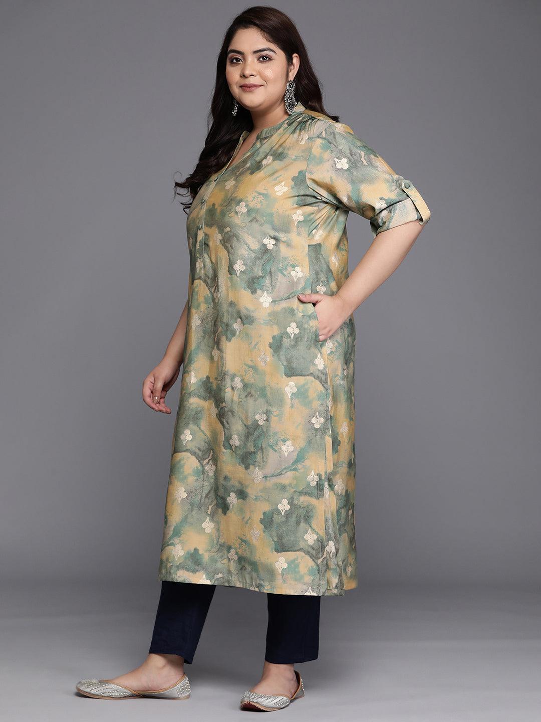 Plus Size Green Printed Silk Straight Kurta - Libas 