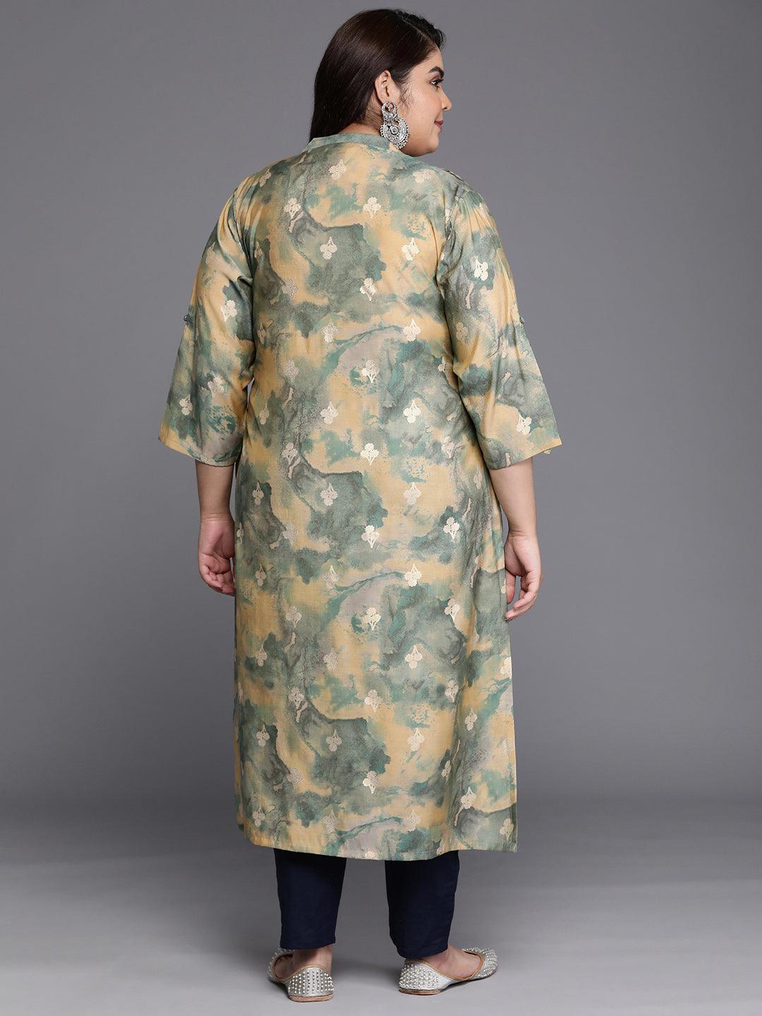 Plus Size Green Printed Silk Straight Kurta - Libas 