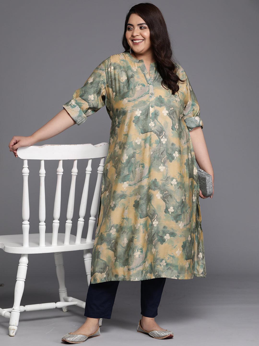 Plus Size Green Printed Silk Straight Kurta - Libas