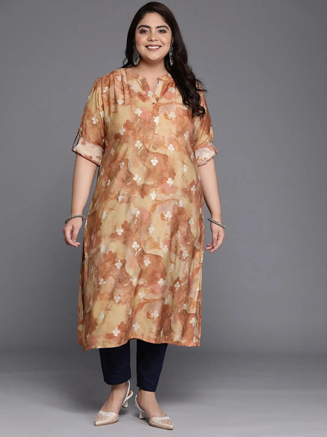 Plus Size Brown Printed Silk Straight Kurta - Libas