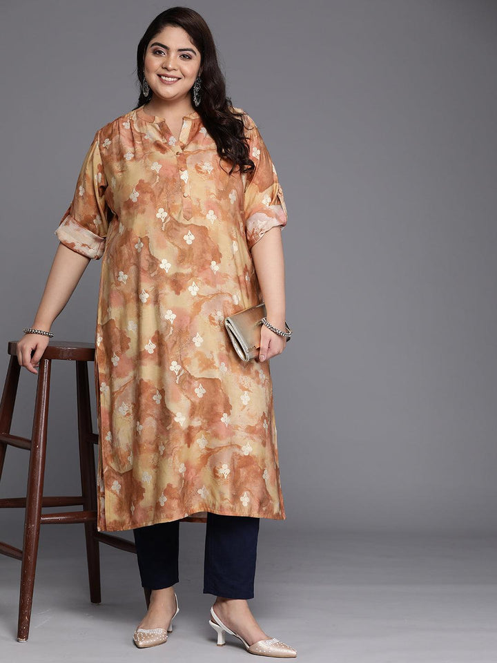 Plus Size Brown Printed Silk Straight Kurta - Libas