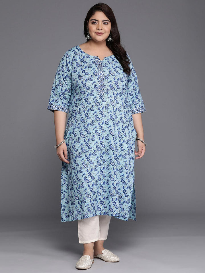 Plus Size Blue Printed Cotton Straight Kurta - Libas