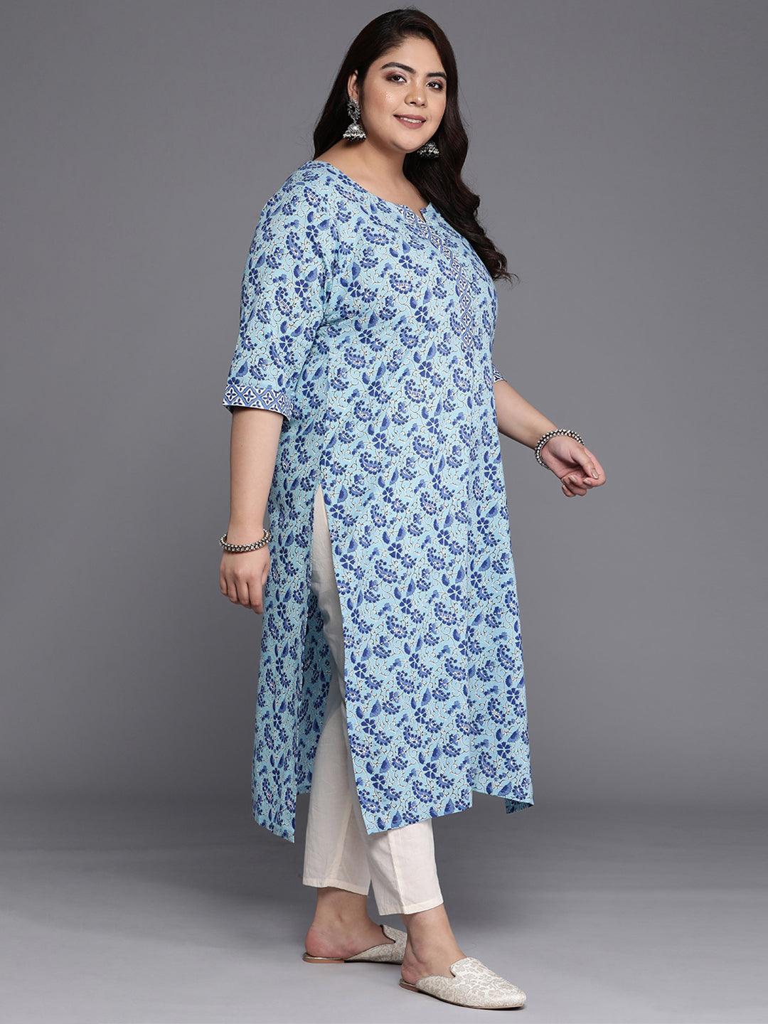 Plus Size Blue Printed Cotton Straight Kurta - Libas